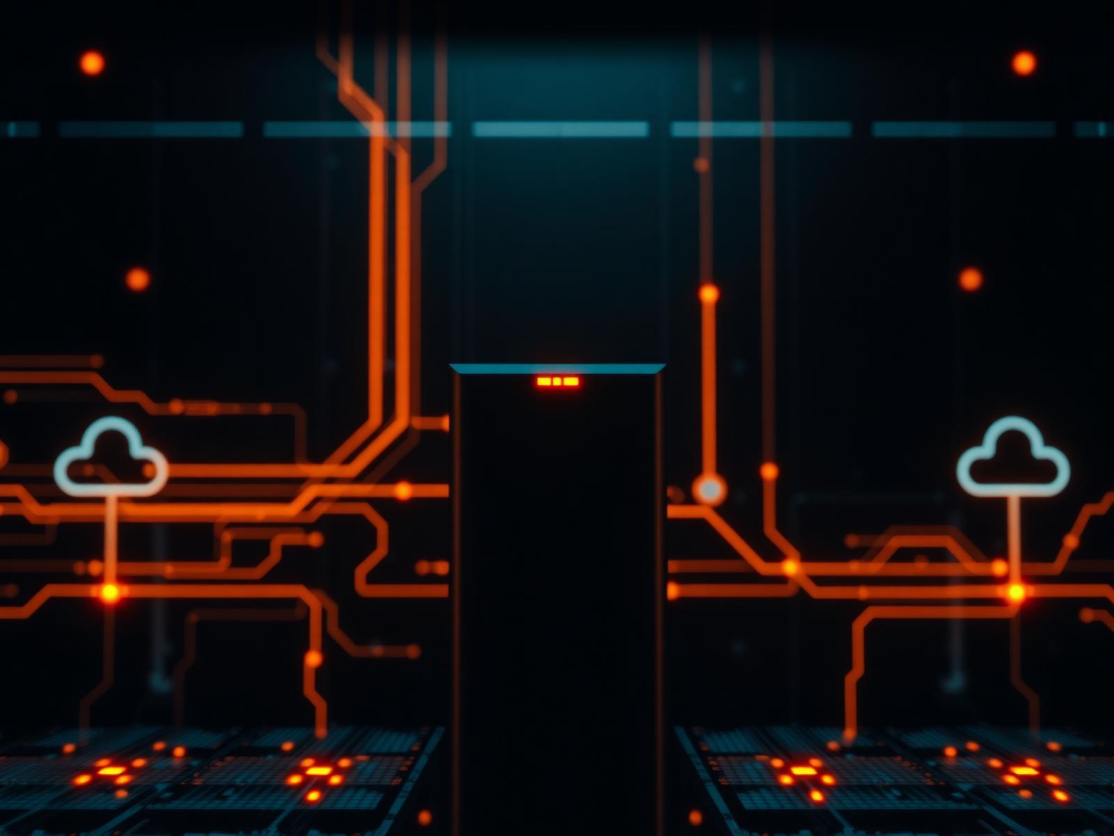 Server infrastructure with cloud connectivity and glowing orange data lines